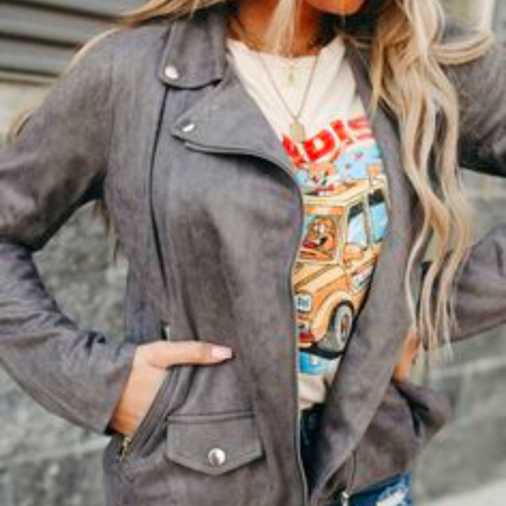 NWOT S Hem and Thread Moto Jacket Mindy Mae's Market Grey Zipper Faux Suede